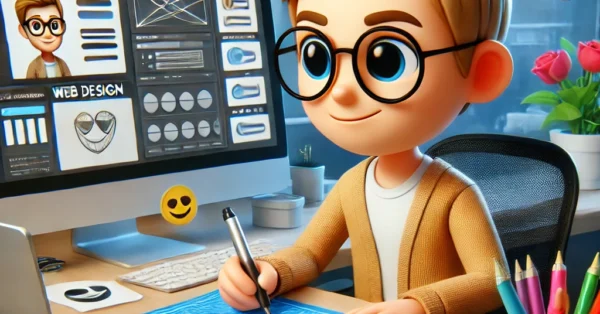 DALL·E 2024-10-01 21.27.28 - A memoji-style website designer with light skin, short hair, and glasses, actively working on a web design. The character sits at a desk with a laptop