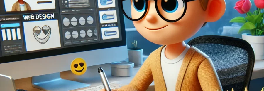 DALL·E 2024 10 01 21.27.28 A memoji style website designer with light skin short hair and glasses actively working on a web design. The character sits at a desk with a laptop