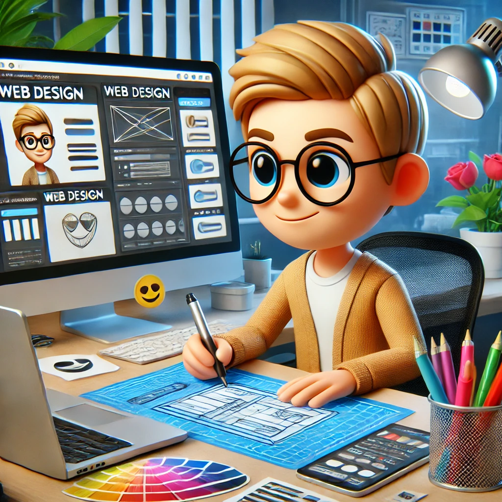 DALL·E 2024 10 01 21.27.28 A memoji style website designer with light skin short hair and glasses actively working on a web design. The character sits at a desk with a laptop