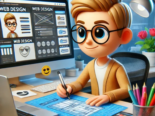 DALL·E 2024-10-01 21.27.28 - A memoji-style website designer with light skin, short hair, and glasses, actively working on a web design. The character sits at a desk with a laptop